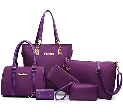 FiveloveTwo Femmes Mode 6Pcs Bag Set PU cuir Sac portés main + Fourre-Tout + Sac à Bandoulière + Portefeuille + Titulaire de la Carte Pochettes Clutches Sacs épaule ensemble de sac Shoulder Bag Violet