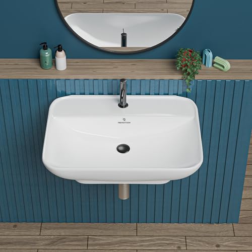 Image of REMOTION Ceramic Wall Hung Corner Wash Basin for Bathroom | Wall Mounted Corner Sink for Small Bathrooms & Powder Rooms | Space-Saving, Durable & Stylish Design (21 x 15.9 x 5.3 Inch)
