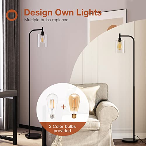 Addlon Led Floor Lamp, With Hanging Glass Lamp Shade And 2 Distinctive Led Bulbs For Bedroom And Living Room, Modern Standing Industrial Lamp Tall Pole Lamp For Office, Matte Black #TOP2
