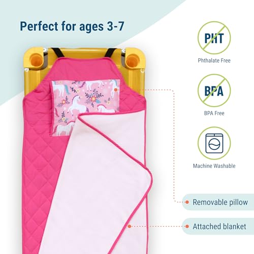 Image of Wildkin Modern Kids Nap Mat with Pillow for Girls - Cotton Blend, Elastic Straps, Toddler Sleep Mat for Daycare, Preschool, Kindergarten & Travel, Ages 3-7, Machine Washable - Magical Unicorns