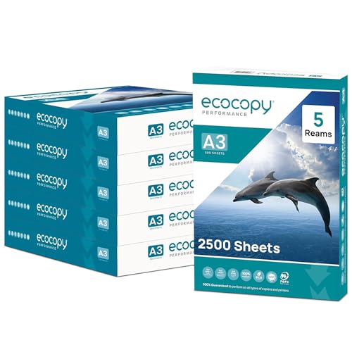 ECOCOPY A3 Printer Paper | White Printing Sheet | 2500 Sheets (5 Reams of 500) - Multipurpose A3 Paper for Laser & Inkjet Printers | Jam-Free Copier Sheets for Office School & Home Use
