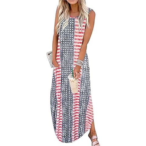 LLHXRUI American Flag Maxi Dress for Women 4th of July Patriotic Long Tank Dress Casual Loose Pocket Dresses (Small, As Shown-1) Cover