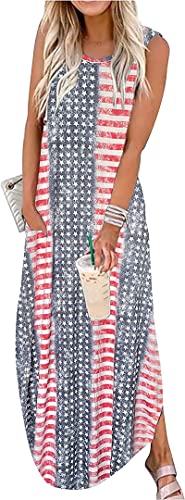 Image of LLHXRUI American Flag Maxi Dress for Women 4th of July Patriotic Long Tank Dress Casual Loose Pocket Dresses