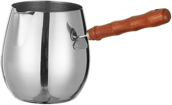Turkish Coffee Pot 14oz/420ml with Wooden Handle, 18/8 Stainless Steel, Cezve Ibrik Briki Stovetop Warmer for Milk Butter Chocolate Melting, Greek Arabic Coffee Maker, Maple Syrup & Sauce Heating Pan