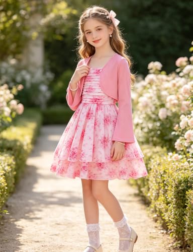 Dresses for Girl Size 10 12 Girls Pink Floral Tween Dress Cardigan Outfit — view 4