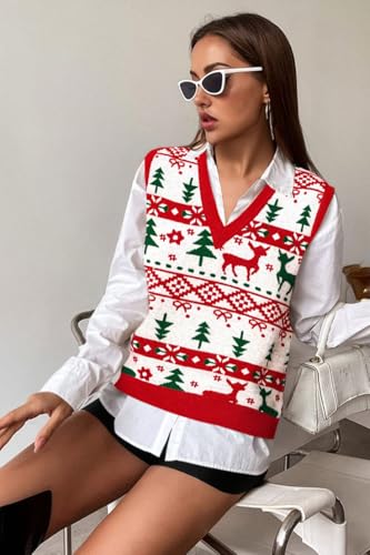 Image of JULYCLO Christmas Sweater Vest Women Ugly Xmas Reindeer Knit Sweaters Casual Santa Snowflake V Neck Sleeveless Outwear Tops