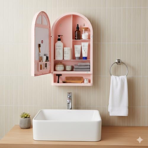 Image of BRANCO Plastic Ideal Mirror Cabinet | Multipurpose Cabinet | Wall Mounted Hanging Mirror Bathroom Accessories | Mirror Cabinet for Living Room, Bathroom, Bedroom (Pink)