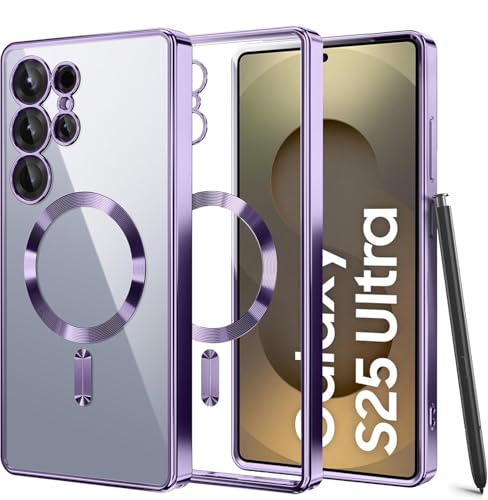 VONZEE Clear Logo Electroplating Transparent Case for Samsung S25 Ultra 5G, Magnetic Plating Electroplate TPU Cover, Individual Camera Protection for Each Lens - Purple