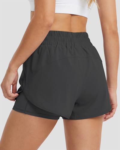Stelle 2 in 1 Womens Running Shorts High Waisted Athletic Workout Gym Short with Zip Pockets (Grey,XXL) — view 5