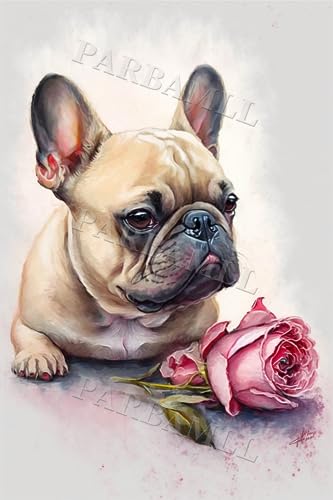 Rose French Bulldog Diamond Painting, Fun DIY Interaction Craft Digital Painting for Adults and Children, Suitable for Hoom Decor Bedroom Decor Or Gift for Friends (8X12Inch)