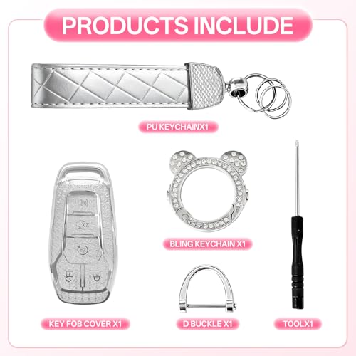Avalessia for Ford Key Fob Cover with Keychain,Soft TPU Protector Bling Car Keys Case Shell Compatible with Ford Fusion Mustang F150 Edge Explorer Lincoln MKZ MKC MKX Smart Remote Key(Silver Clear) — view 3