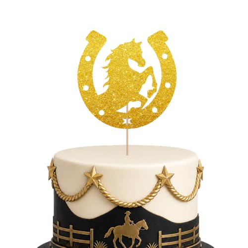 Horseshoe Cake Topper, Horse Racing Birthday Cake Topper, Gold Glitter Western Cowboy Birthday Cake Decor, Wild West Themed Baby Shower/Anniversary Party Decoration