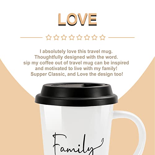 Buyajuju Travel Mug With Handle And Silicone Lid In Gift Box, Porcelain, Cup Holder Friendly, 16Oz Tall Coffee Travel Mug Tumbler For Tea, Latte And Hot Chocolate On The Go, Labelled “ Family” #TOP7