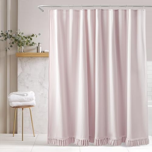 TURKIO Pink Shower Curtain Linen Shower Curtain with Tassels Boho Shower Curtains for Bathroom Rustic Farmhouse Shower Curtains Bath Decor (72"x72")