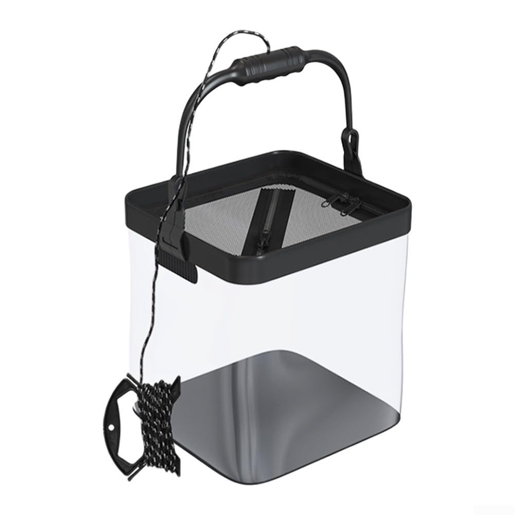 Foldable Transparent Live Fish Bucket With Oxygen Pump Pocket, Anti Escape Net Cover, Portable Collapsible Fishing Pail For Freshwater And Saltwater, Black, 19x19x19cm(A)