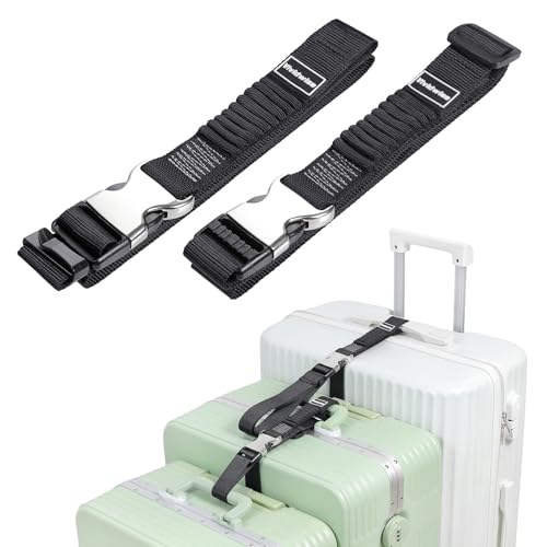 Image of Luggage Straps, Stretchable Luggage Connector Straps for Suitcases, Metal Buckle Add A Bag Adjustable Attachment Accessories Belts (Black-Metal Buckle, 1.25 inch W)