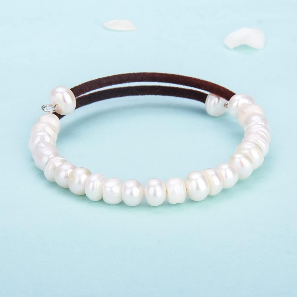 White Beaded Freshwater Cultured Pearl Strand Bracelets for Women-Brown Leather Adjustable Handmade Bracelets