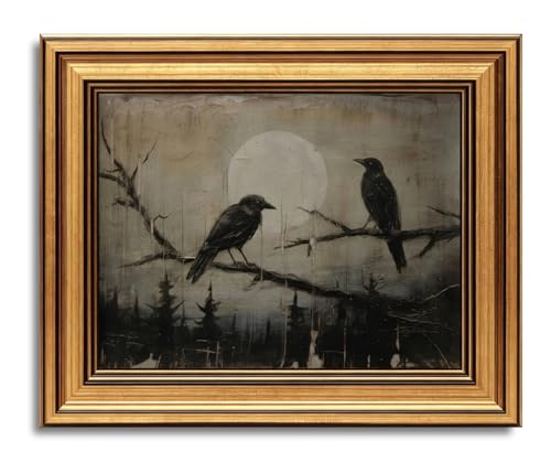 vineolect Gothic Gold Framed Wall Art Black Crows Birds Moon Decor Dark Academia Wall Art Nature Animal Painting Moody Picture for Living Room Halloween 9''x11''