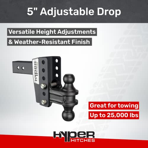 Hyper Hitches Adjustable Trailer Hitch, Fits 2.5 Inch Receiver, Adjustable Drop/Rise, Includes 2-Inch and 2 5/16-Inch Dual-Ball Hitch, Up to 25,000 GTW, Made in The USA (5" Drop)