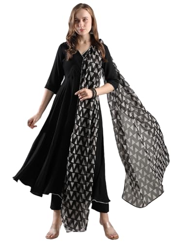Kurta Anarkali viscose GoSriKi tenue indienne trois pièces femme noir L