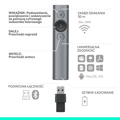 Logitech Spotlight™ Presentation Remote, Z zaawansowanym cyfrowym wskaźnikiem i zegarem z alertami wibracyjnymi, PC/Mac - Szary
