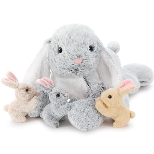 MorisMos Peluche Conejo Gigante, 60cm Mamá con 3 Kawaii Bebés Gris Conejo Peluches Grandes Suave Animales de Peluche Bunny Teddy Regalo para Cumpleaños Semana Santa Decoración