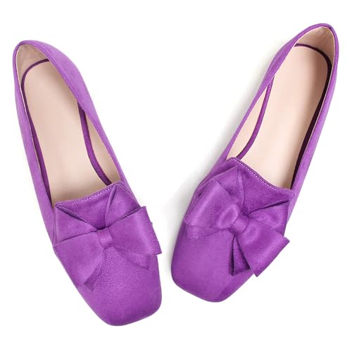 Image of WENJIAZHIZHI Square Toe Bow Ballet Slip-On | Classic Suede Finish,Chic Bow Detail,Effortless Everyday Style,Wedding Party Office,Plus Size Available