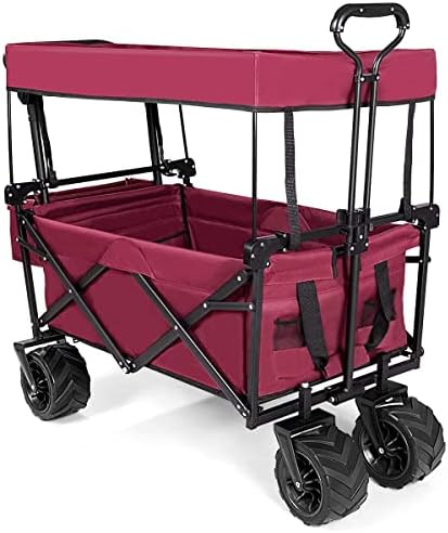 Maxmass Foldable Trolley Cart with Adjustable Handle and Removable Canopy, Garden Wagon Truck (Red)