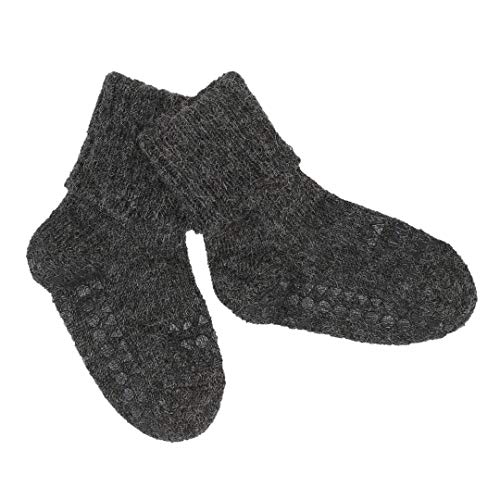 GoBabyGo Original Antirutsch Baby Krabbelsocken | Rutschfeste Krabbelstütze für aktive Kinder | warme Alpakawolle | 6-12m (17-19cm) | Dunkelgrau Melange Cover