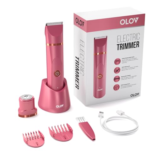 Image of OLOV Electric Body Hair Trimmer - Groin Trimmer for Men - Bikini Trimmer Women - Wet /Dry Shaver Groomer, Replaceable Ceramic Blade Heads, USB Recharge Dock, Waterproof Hygiene Razor, Red