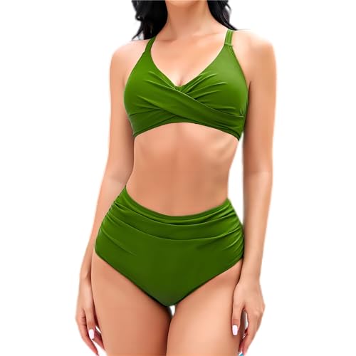 Mooncore Bikini Damen Set High Waist Push Up Bauchweg Crossover Oberteil Bademode Zweiteiliger Badeanzug (Grün, M)