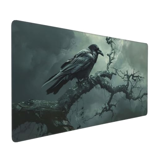 Tapis de Souris 80x40 cm Grand Tapis Souris XXL, Le Corbeau Tapis de Souris Bureau Gamer, à Bords Cousus, Base en Caoutchouc Antidérapante, sous Main pour Clavier et Souris, Decoration Maison E-971