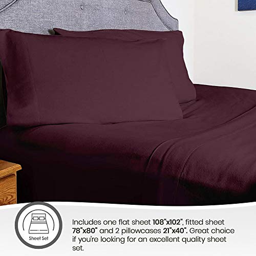 Whisper Organics, Organic Bed Sheets - 4-Pc Flannel Sheet Set - 100% Organic Cotton Flat Sheet + Fitted Sheet + Pillowcases - 170 Gram Gots Certified Sheets, Aubergine (King) #TOP2