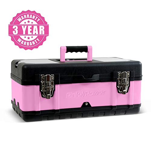 Pink Power Pink Tool Box For Women - 18" Small Metal & Plastic Portable Lightweight Pink Locking Empty Toolbox Tool Chest - Craft & Tool Case Tote Storage Tool Organizer For Ladies Pink Tool Set Kit #TOP5