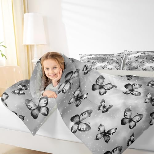 Image of Erosebridal Butterfly Bedding Sets Full - Dreamy Coquette Comforter Set for Kids Adults Watercolor Gradient Grey Butterfly Duvet Insert Galaxy Stars Print Quilt