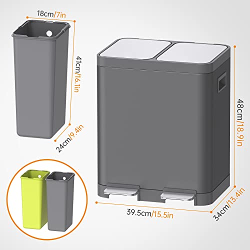Mbillion Trash Can, Kitchen Dual Step Garbage Can & Recycle Bin, Stainless Steel, With Removable Inner Buckets, For Home, Office (15+15L Gray) #TOP5