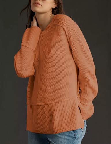 Image of Women's Oversized Pullover Sweaters Crewneck Long Sleeve Casual Side Slit Warm Knit Sweater Top