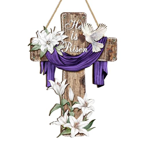 Britimes He Is Risen Easter Welcome Door Sign Easter Purple Cross Wooden Hanging Decorations Christian Religious Wall Art Decor Spring Rustic Farmhouse Front Door Sign Home Outdoor Decor