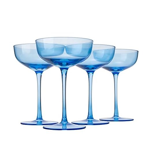 The Wine Savant Colored Coupe Glass | 7oz | Set of 4 Colorful Champagne & Cocktail Glasses, Fancy Manhattan, Crystal Martini, Cocktails Set, Margarita Bar Glassware Gift, Vintage (Blue)