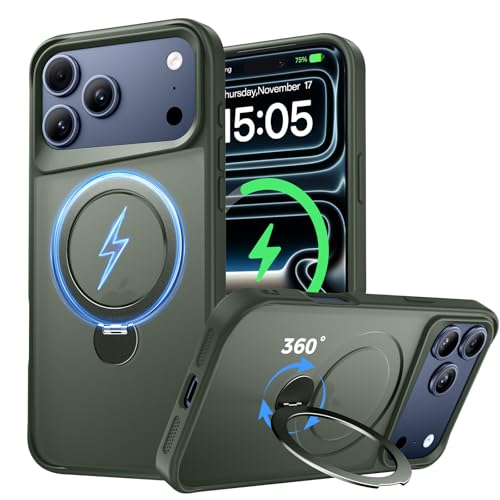 Xitufine Designed for iPhone 17 Pro Case, with 360° Magnetic Stand [Compatible with MagSafe] [Military Drop Protection] Shockproof Translucent Matte Case for 17 Pro 6.3 Inch, Alpine Green