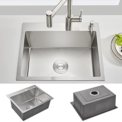 Rovogo 22X18 Inch Drop In Kitchen Sink Single Bowl, 304 Stainless Steel Sink Top Mount With Basket Strainer, Brushed #TOP2