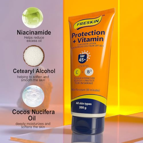 Image of Free Skin Protection + Vitamin Sunscreen Lotion SPF 45+ | Broad Spectrum UVA /UVB | Enriched with Vitamin C & B3 | 12 Hrs Hydration | Nourishes & Protects from UV Damage | All Skin Types | 200g