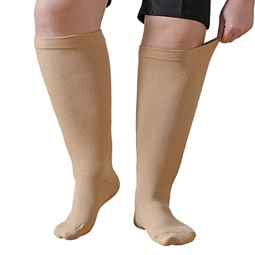 PUTUO Calcetines de Compresión Talla Grande: Medias de Compresion para Hombre y Mujer para Correr Viajar Vuelo Ciclismo Embarazo Deporte 1 par Beige 3XL