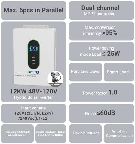 12KW 하이브리드 태양열 인버터 48V DC - 120/240V AC 분할 위상, 듀얼 MPPT 500V PV 입력, 220A 충전, 병렬 지원 홈 백업 오프 그리드 태양계 — 사진 2