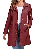 Bloggerlove Women Trench Coat Lightweight Raincoat Waterproof With Hood Outdoor Long Rain Coat Hiking Rain Jacket Wine Red S