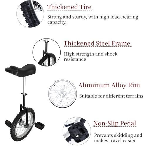 LEYSRIS 16" Outdoor Wheel Unicycle, Height Adjustable Steel Frame Leakproof Tire Wheel Cycling Exercise Bicycle for Office Workers, Students, Cycling Enthusiasts (Black)