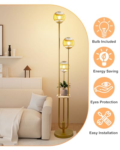 Image of Globe Glass Floor Lamp with Table, Gold Tall Standing Lamps Dimmable, 3000K Warmwhite Mid Century Modern Floor Lamp with 5Lbs Heavy Base for Living Room /Bedroom