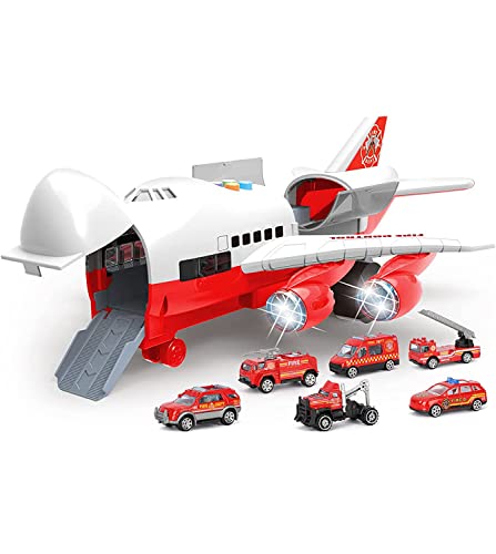 Siairo Fire Trucks Car Toy with Cargo Airplane Toy for Boys Girls with Large Play Mat, Music Lights, Gift for Kids Toddlers 3 4 5 6 Years Old