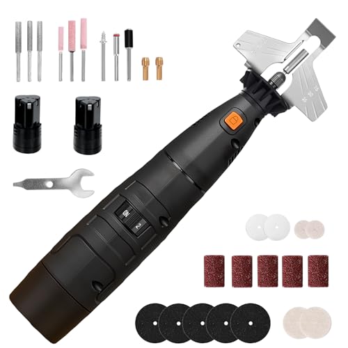Bostar Afilador de Cadenas de Motosierra Eléctrico Inalámbrico con 2 Baterías, Mini Rectificadora Portátil, Kit de Herramientas de Afilado de Sierra de Cadena (Negro)