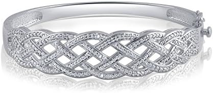 DiamondMuse Diamond Accent, Flashed White Gold Plated on Brass Diamond Accent Double Criss Cross Bangle (J- I3) for Teen Girls Her Womens Fine Jewelry